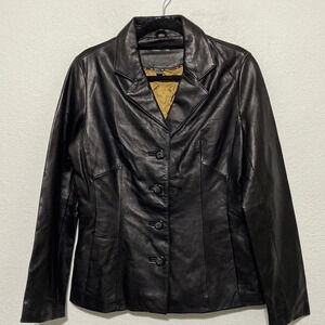 Wilsons Black 3/4 Length Button Front Princess Seams Soft Leather Coat Size S